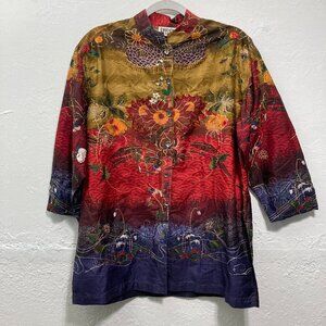 Vintage Chicos Design 100% Silk Tunic Embroidered Crinkle Jacket Beaded Multi 1